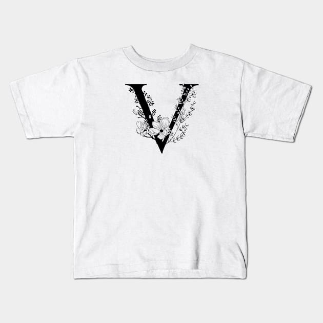Letter V Monogram - Floral Initial Kids T-Shirt by ZenNature